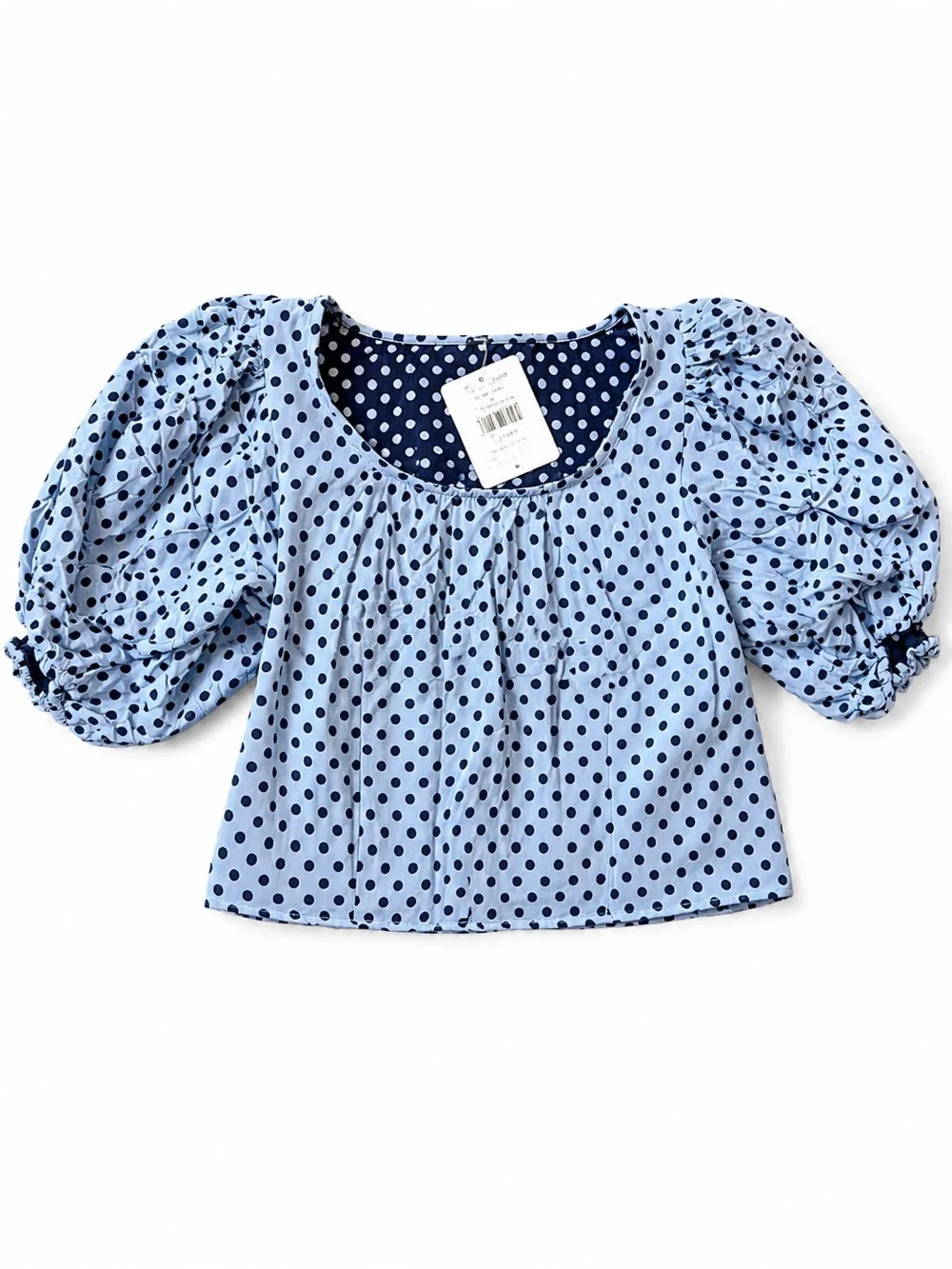 Free People Light Blue Polka Dot Puff Sleeve Top